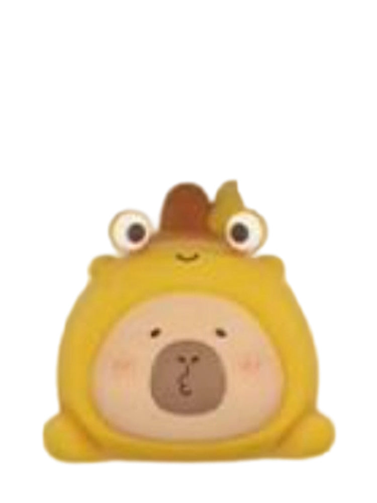 Caterpillar Fungus capybara mini figure in a yellow caterpillar fungus costume with big eyes, from the Tuntunzai Wellness series