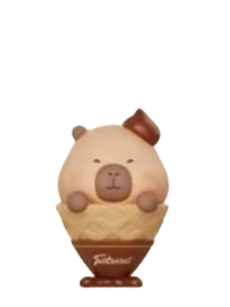 Chocolate Cone capybara mini figure in a waffle ice cream cone topped with a chocolate swirl, from the Tuntunzai Capybara Chocolate series