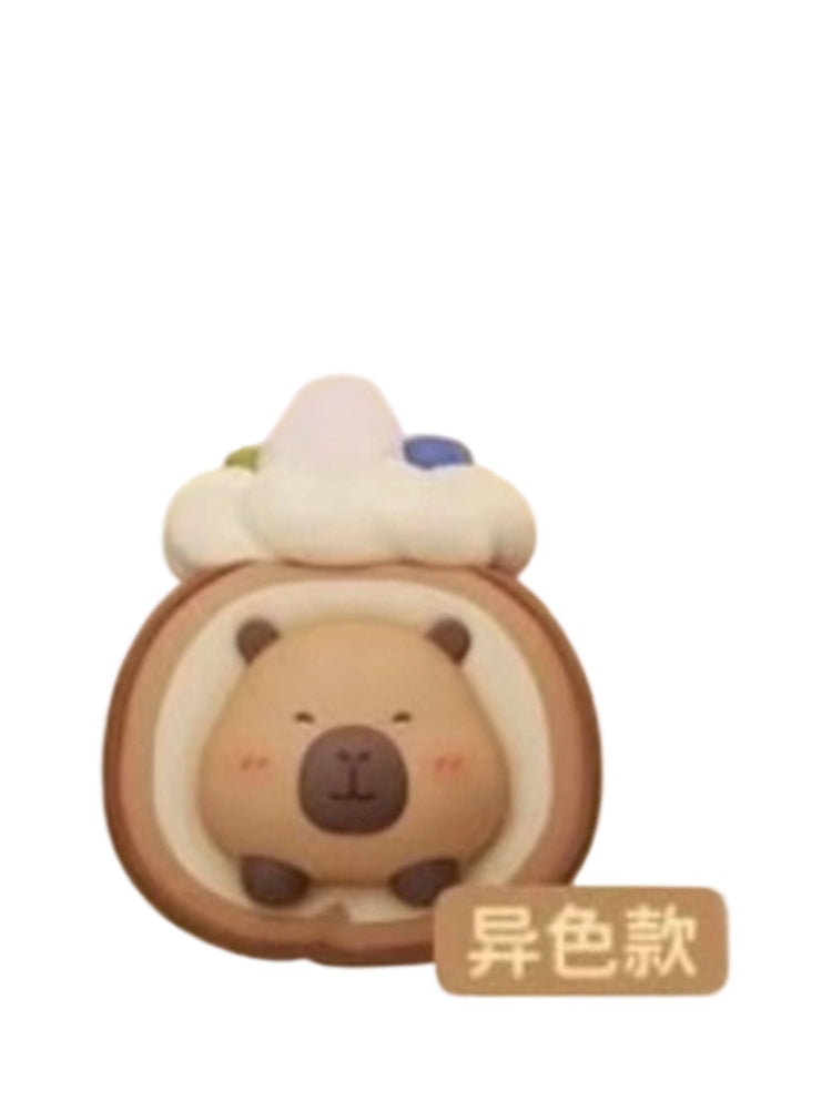 Chocolate Swiss Roll Special capybara mini figure curled inside a chocolate swiss roll topped with cream, from the Tuntunzai Bakery V2 series