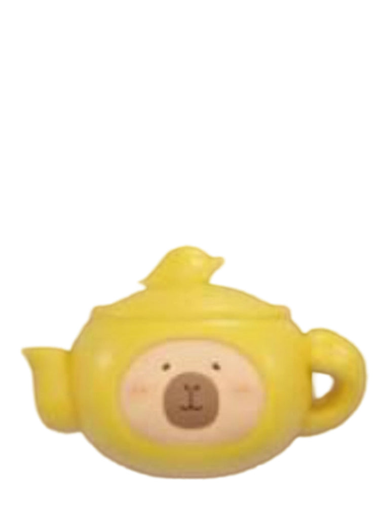 Teapot Yellow Special capybara mini figure dressed as a yellow teapot, from the Tuntunzai Wellness series