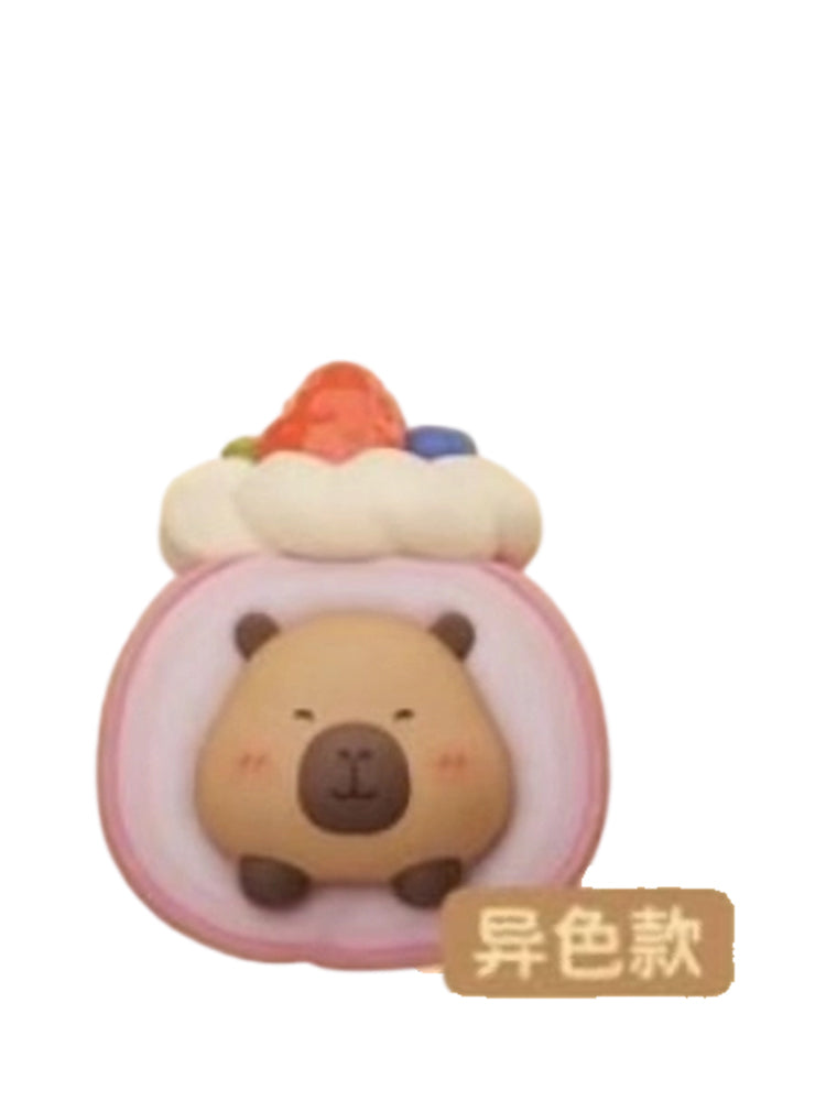 Berry Swiss Roll Special capybara mini figure curled inside a pink berry swiss roll topped with cream, from the Tuntunzai Bakery V2 series