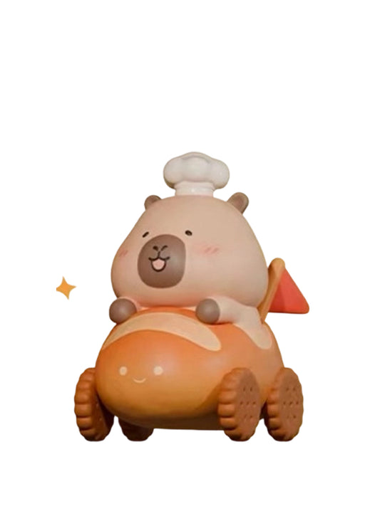 Bread Cart Secret capybara mini figure wearing a chef hat and riding a bread car with a flag, from the Tuntunzai Bakery series