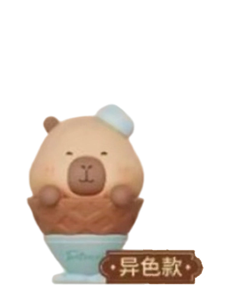 Choco Square Special color variant capybara mini figure in a waffle cone with a pastel blue cup, from the Tuntunzai Capybara Chocolate series
