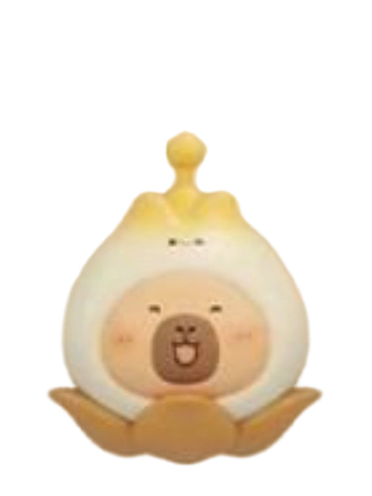 Honeysuckle Flower capybara mini figure in a white honeysuckle flower costume, from the Tuntunzai Wellness series