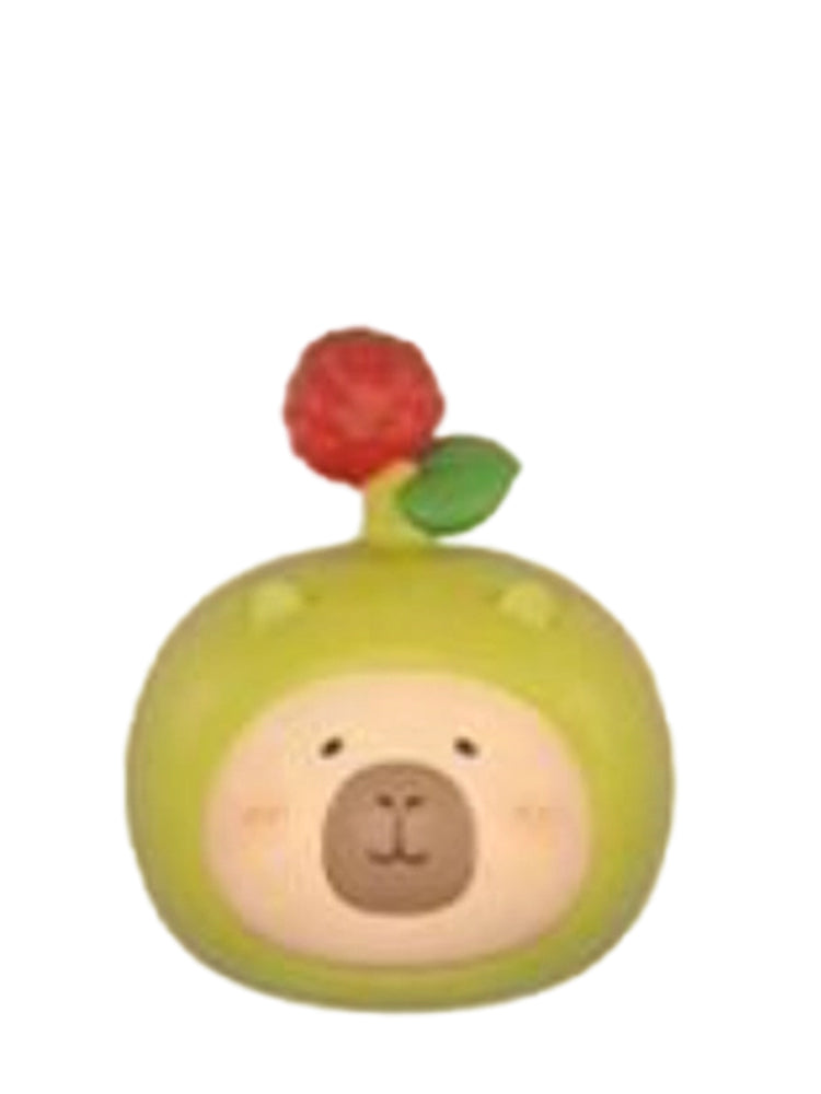 Pseudo Ginseng capybara mini figure in a green pseudo ginseng costume topped with a red flower, from the Tuntunzai Wellness series