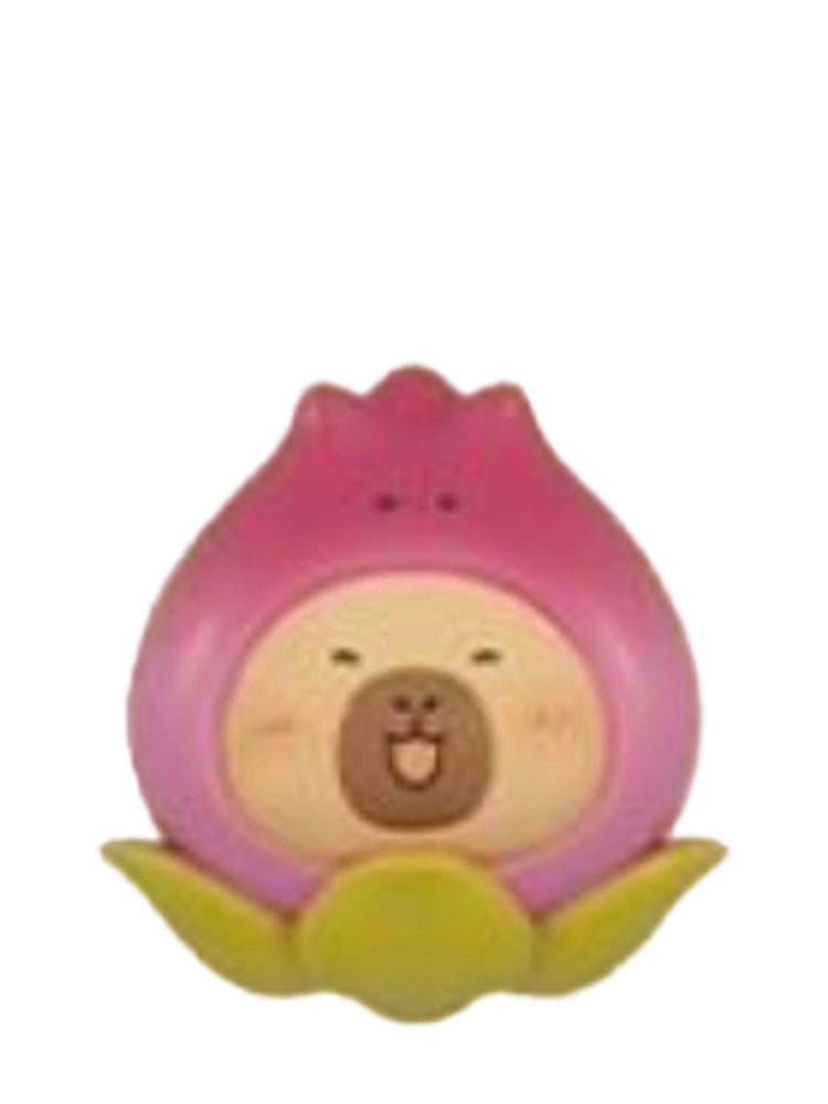 Rose capybara mini figure in a pink rosebud costume, from the Tuntunzai Wellness series