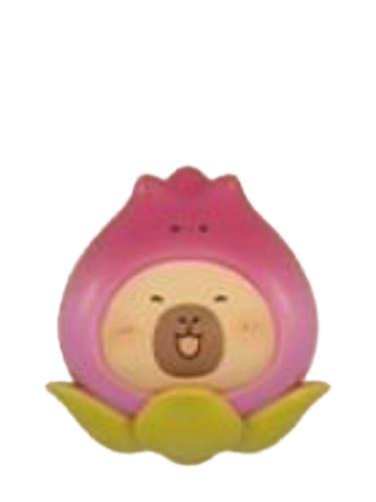 Rose capybara mini figure in a pink rosebud costume, from the Tuntunzai Wellness series