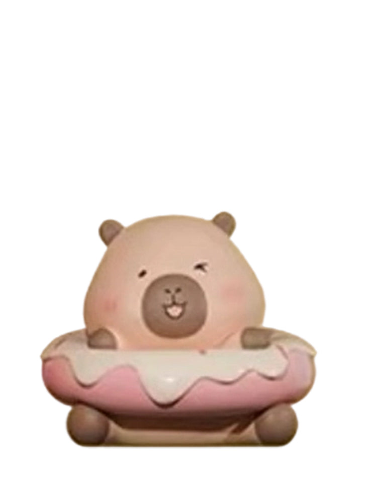 Strawberry Donuts Special capybara mini figure sitting in a pink strawberry-glazed donut, from the Tuntunzai Bakery series