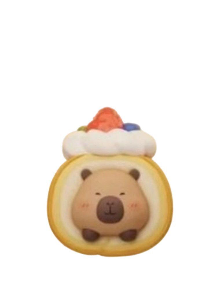 Swiss Roll capybara mini figure curled inside a swiss roll topped with cream and berries, from the Tuntunzai Bakery V2 series
