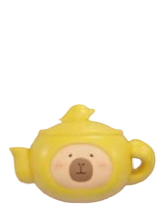 Teapot Yellow Special capybara mini figure dressed as a yellow teapot, from the Tuntunzai Wellness series